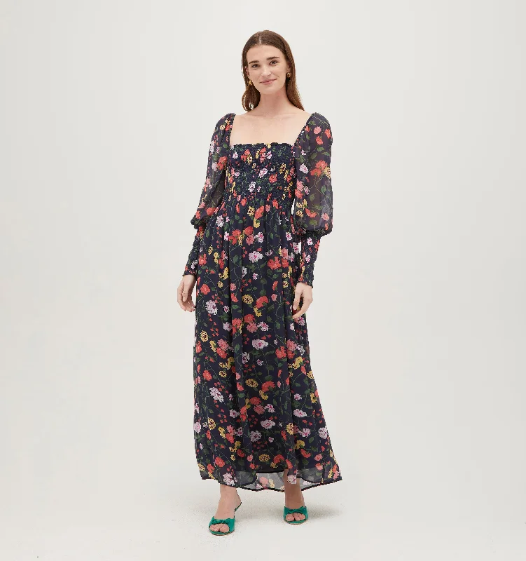 The Grace Maxi Nap Dress - Navy Peony Bouquet Georgette