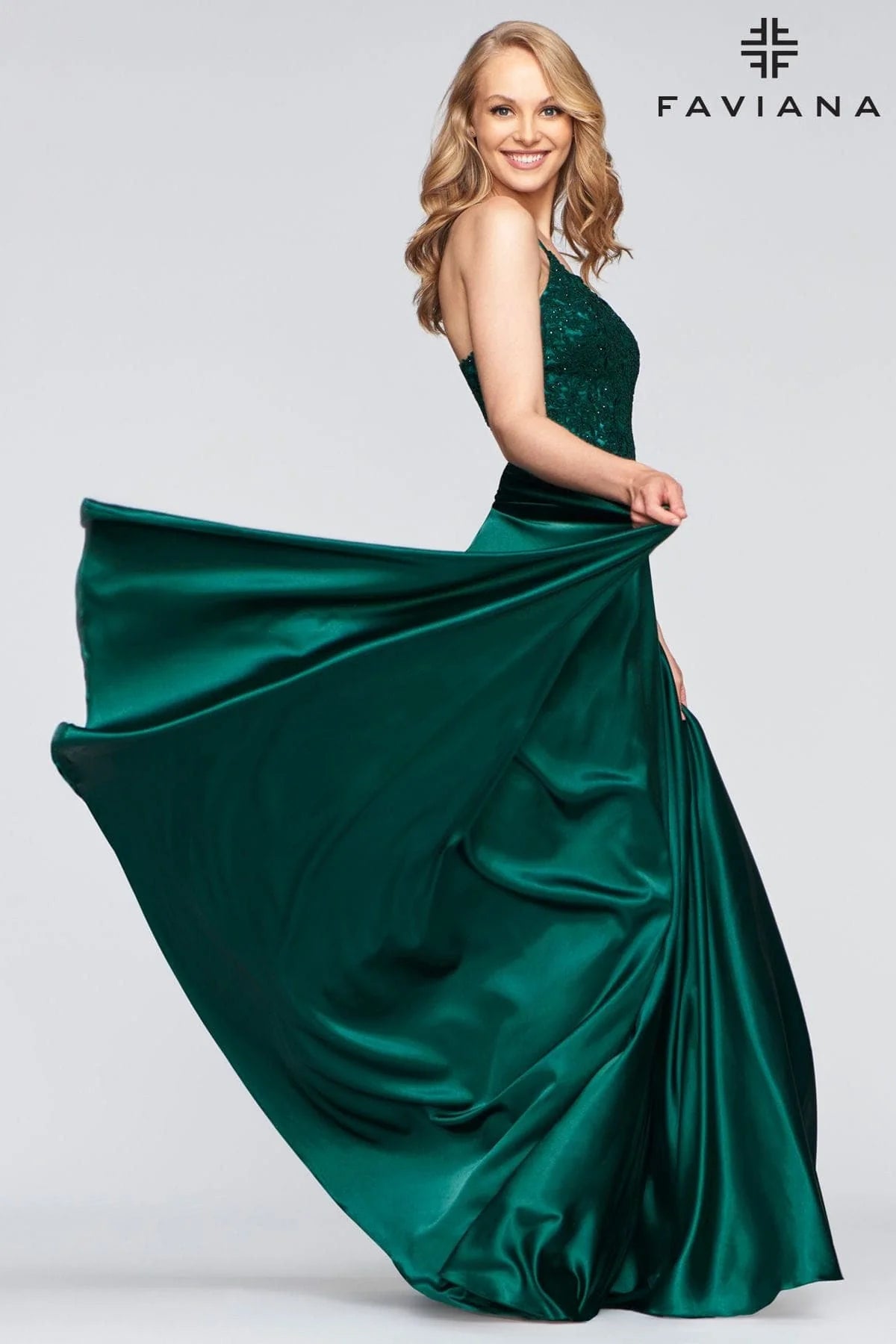 Faviana 10400 Satin Beaded Gown With Lace Up Back | Emerald Green, Steel Blue