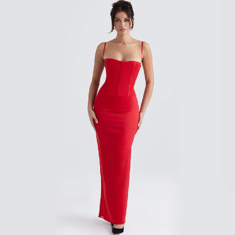 BerryBetty - Sleeveless Corset Evening Maxi Dress - Red