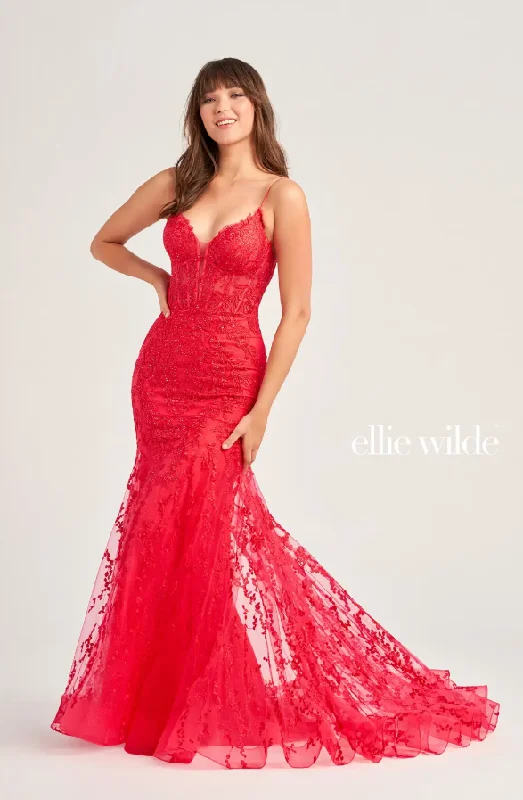 Ellie Wilde 35010 Lace Bustier Style Gown With Godet Skirt