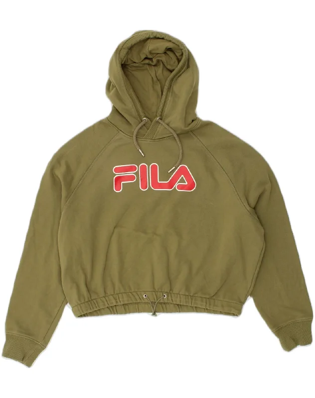 FILA Womens Graphic Hoodie Jumper UK 14 Medium Khaki Cotton