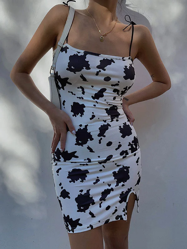 BerryBetty - Cow Print Tie Strap Mini Dress