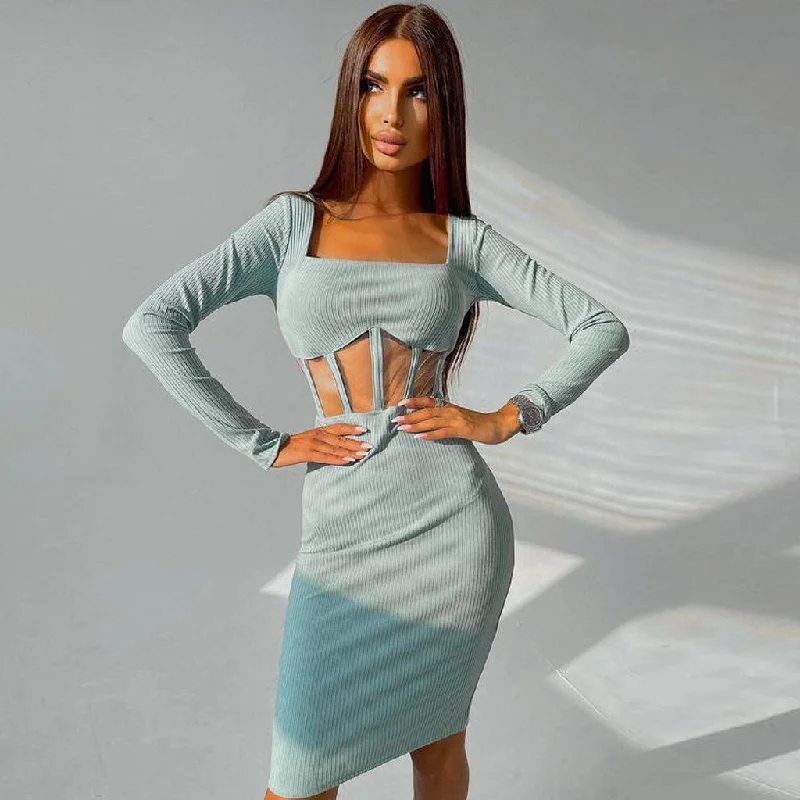 BerryBetty - Square Neck Long Sleeve Mesh Panel Rib Knit Midi Dress - Teal