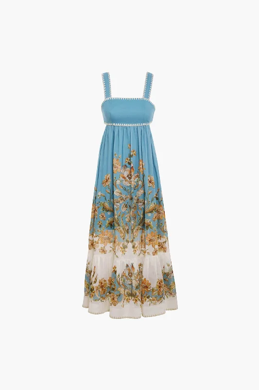 Blue Daisy Floral Chintz Tiered Midi Dress