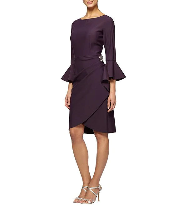 Embellished Sheath With Bell Sleeve | Aubergine