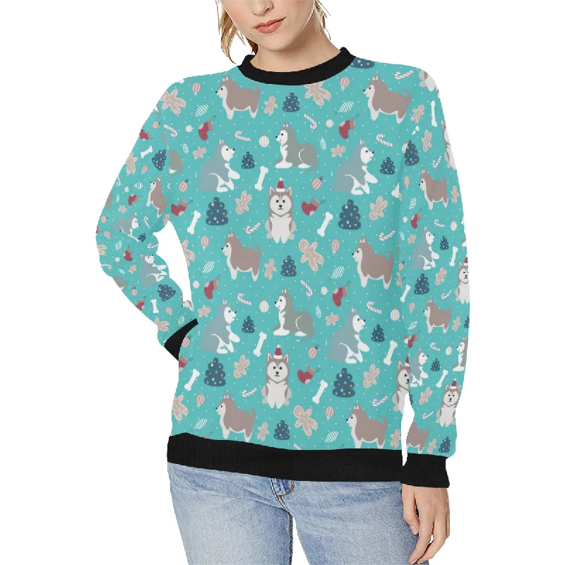 Christmas cute siberian husky puppie pattern Women's Crew Neck Sweatshirt