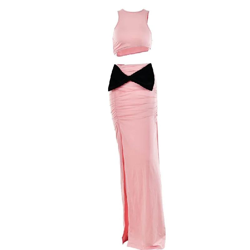 BerryBetty - Bowknot contrast sleeveless slit ruched maxi skirt set