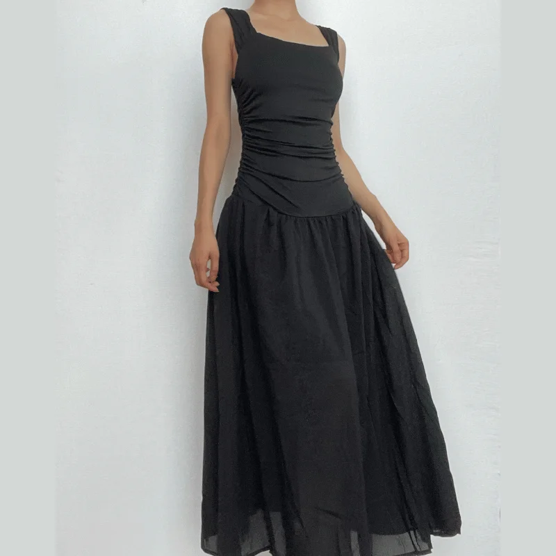 BerryBetty - Square neck ruched backless cap sleeve solid maxi dress