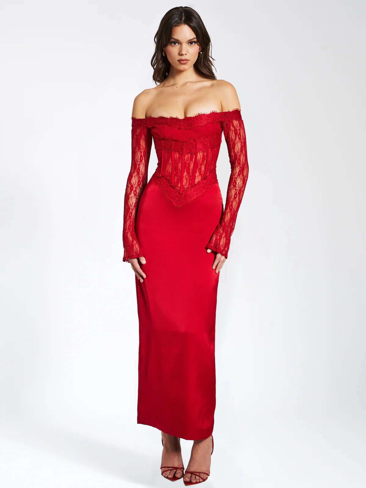 NESSA RED LACE SATIN MAXI DRESS