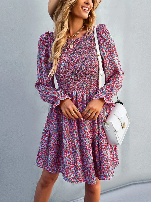 BerryBetty - Round neck floral dress spring and summer long-sleeved all-match A-line skirt