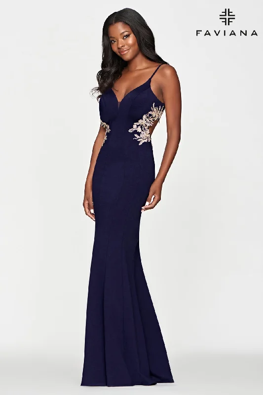 Faviana S10668 Cutout Crepe Fit & Flare Gown With Embroidered Lace Applique | Navy/Gold