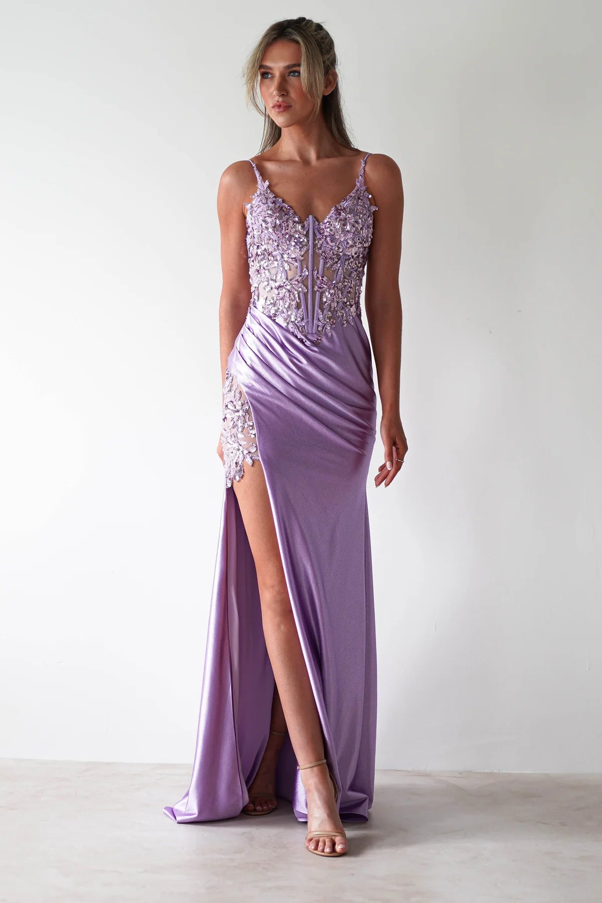 STRETCH SATIN GLITTER LACE FITTED GOWN