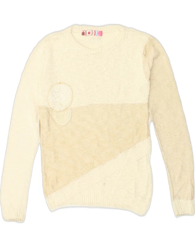 DESIGUAL Womens Crew Neck Jumper Sweater UK 10 Small Beige Colourblock