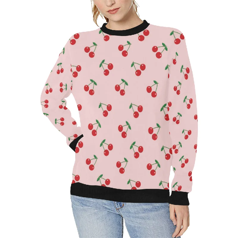 cherry pattern pink background Women's Crew Neck Sweatshirt