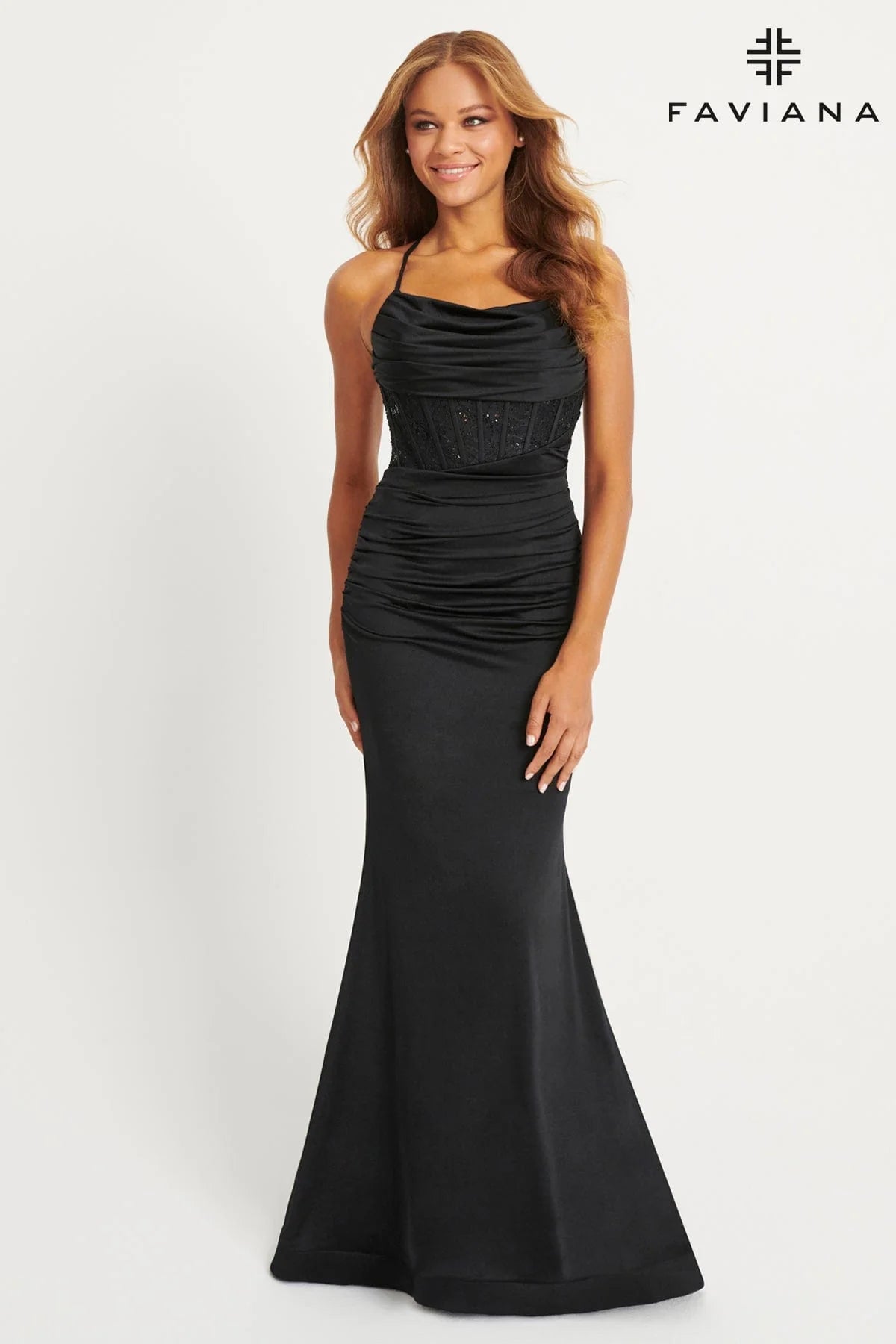 Faviana 11043 Cowl Neck Evening Gown With Stretch Lace Corset Detailing And Ruching