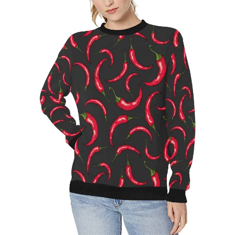 Chili peppers pattern black background Women's Crew Neck Sweatshirt