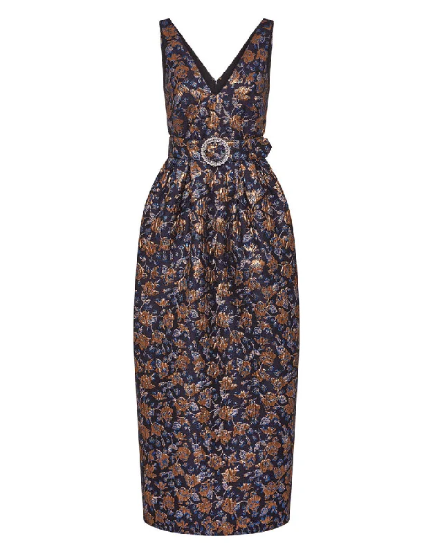 Jules Floral Jacquard Midi Dress in Navy/Gold