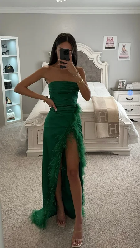 PERRY EMERALD FEATHER SLIT GOWN