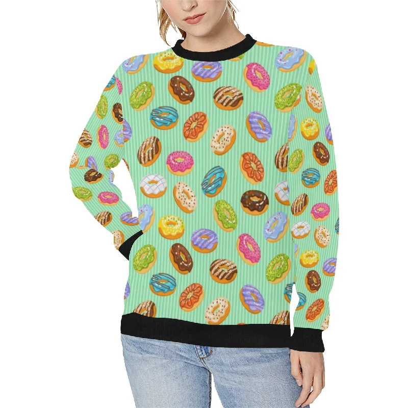 Colorful donut pattern green background Women's Crew Neck Sweatshirt