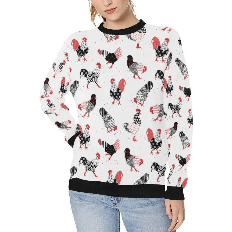 Cool rooster chicken cock floral ornament backgrou Women's Crew Neck Sweatshirt