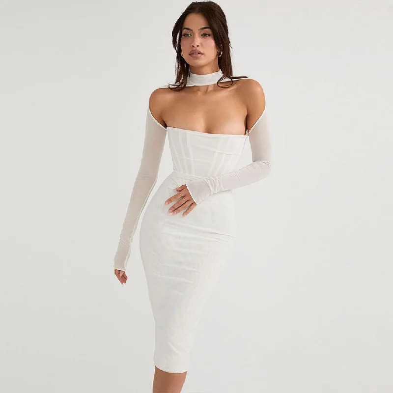 BerryBetty - Cut Out Long Sleeve Mesh Bodycon Cocktail Midi Dress - White