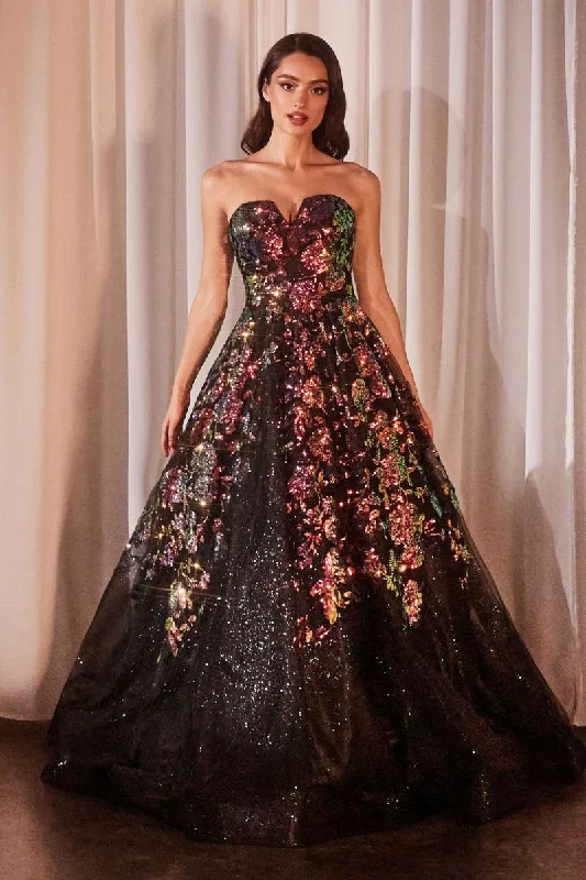 STRAPLESS FLORAL APPLIQUÉ BLACK BALL GOWN