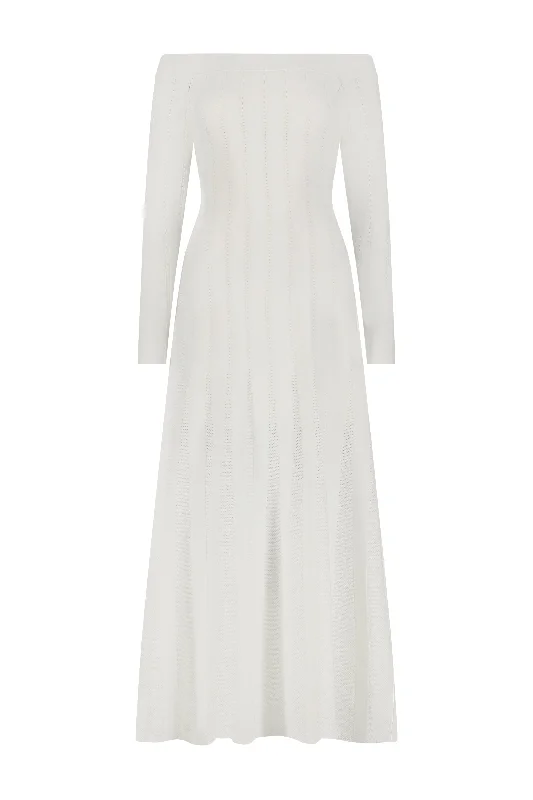 Pointelle Knit Godet Dress in Ivory