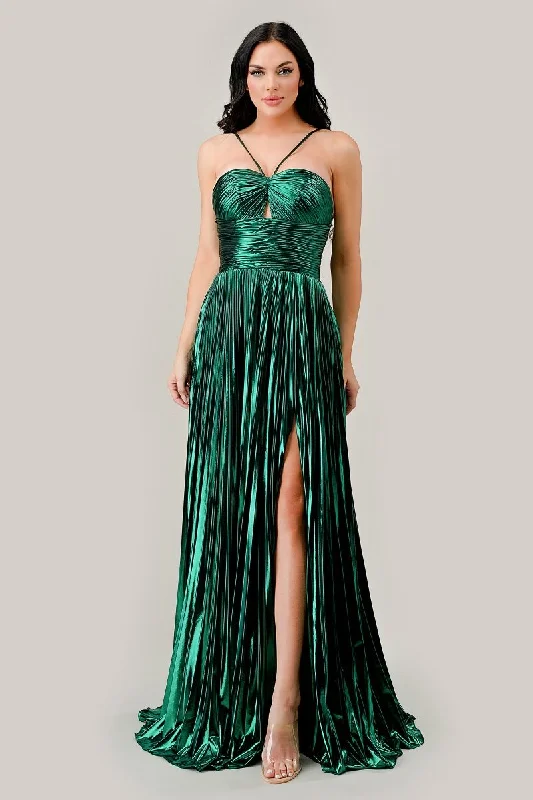 HALTER PLEATED METALLIC A LINE GOWN