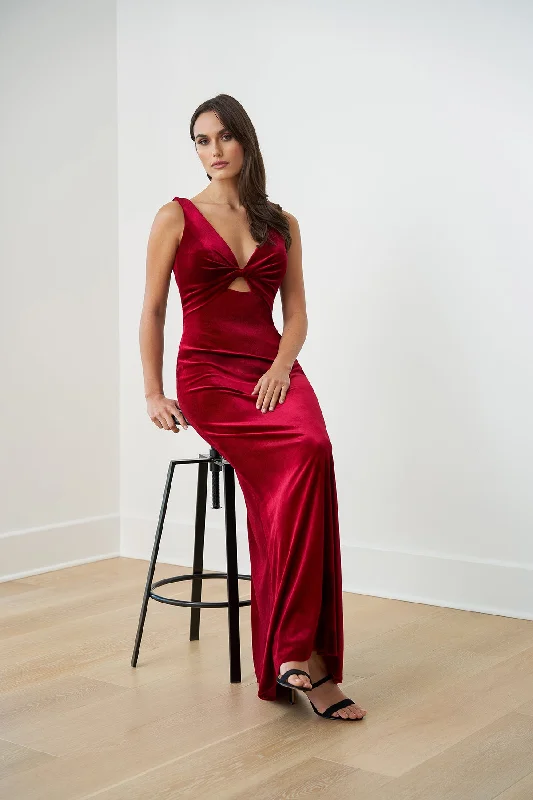 Jasmine B253061 Stretch Velvet Fit & Flare Gown with V-Neckline and Cut-Out Keyhole Center | Berry