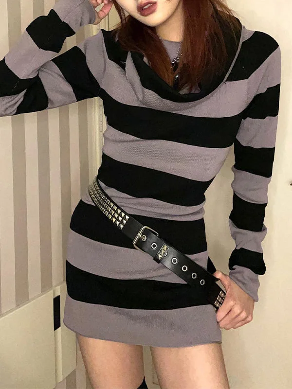 BerryBetty - Off Shoulder Long Sleeve Striped Knit Mini Dress