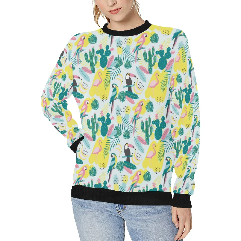 Cute parrot toucan flamingo cactus exotic leaves p Women's Crew Neck Sweatshirt