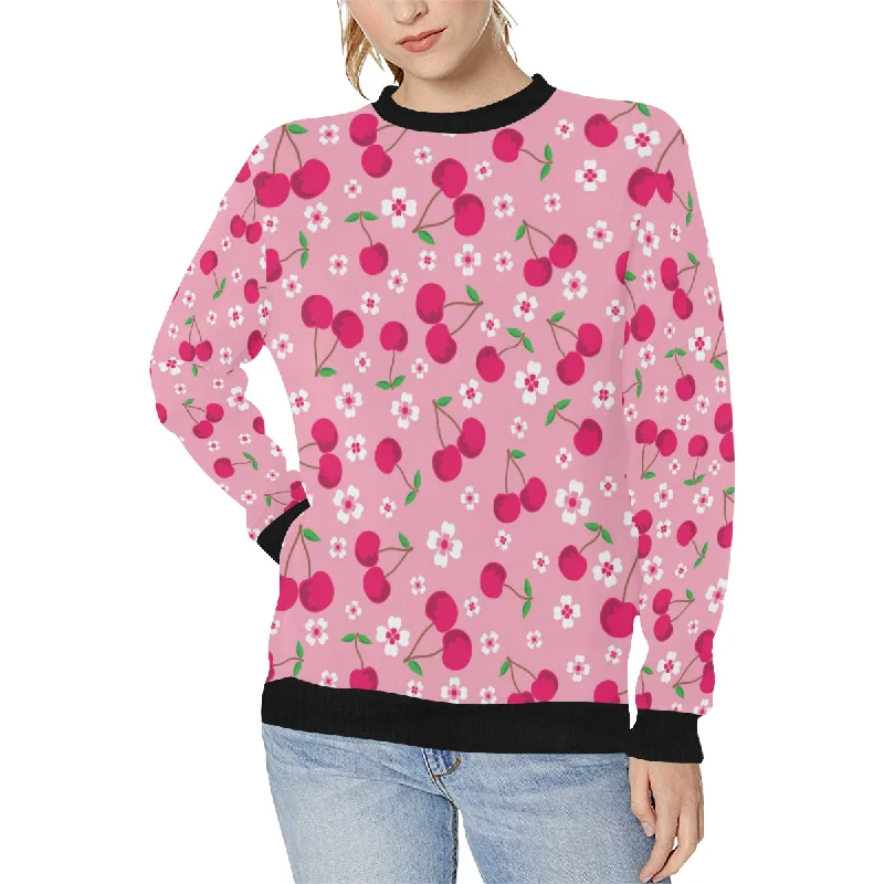 cherry flower pattern pink background Women's Crew Neck Sweatshirt