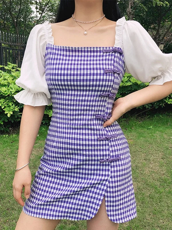 BerryBetty - Patchwork Checkered Puff Sleeve Mini Dress