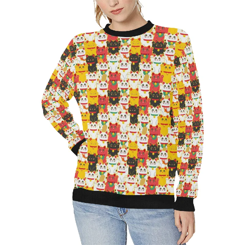 Colorful Maneki neko cat pattern Women's Crew Neck Sweatshirt