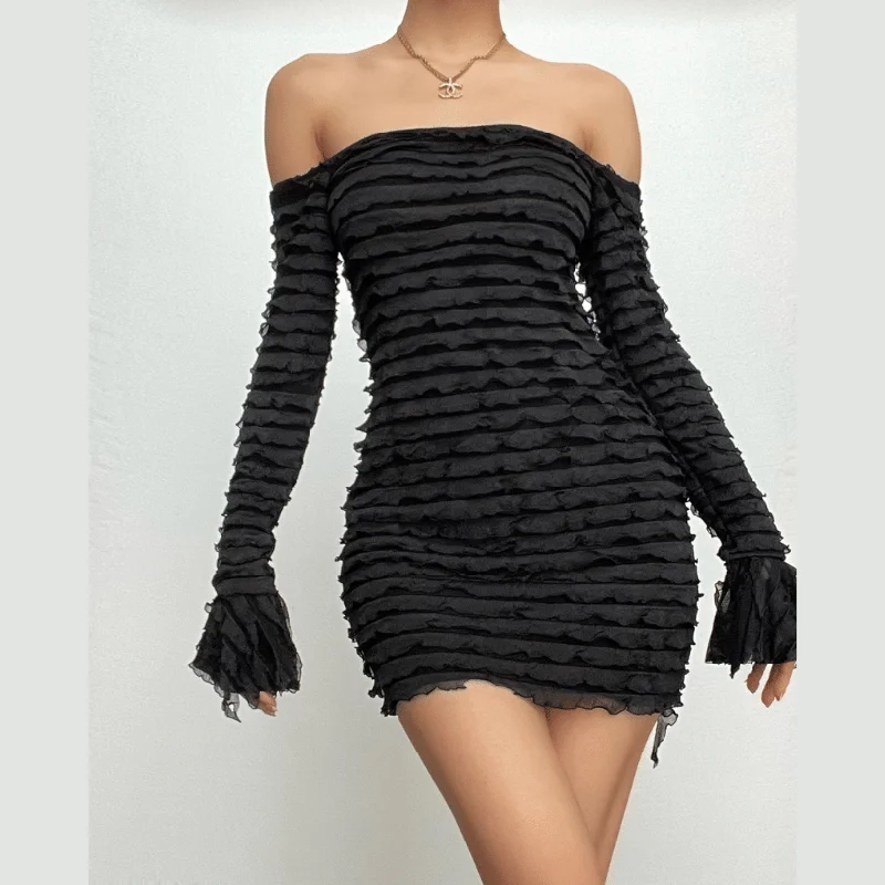 BerryBetty - Textured off shoulder long flared sleeve solid mini dress