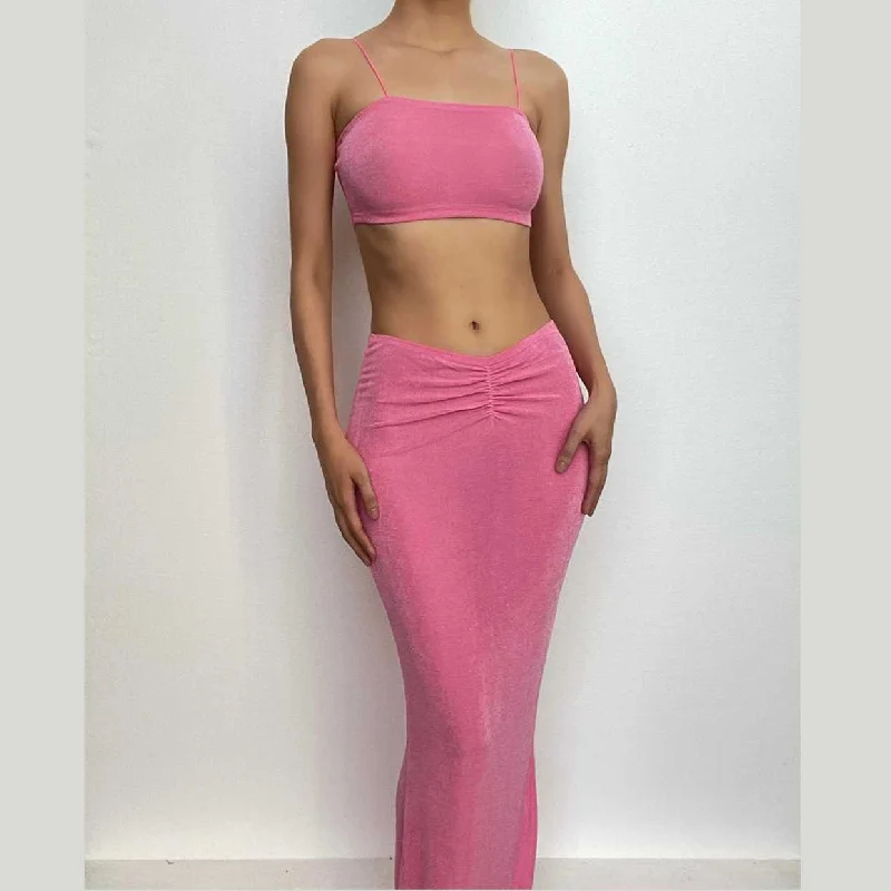 BerryBetty - Ruched solid spaghetti strap backless square neck cami maxi skirt set