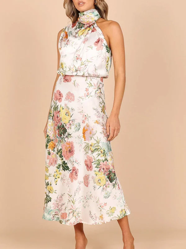 BerryBetty - Women's Floral Print Halter Neck Midi Dress