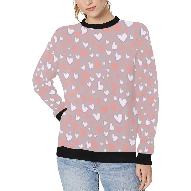 coral white heart pattern Women's Crew Neck Sweatshirt