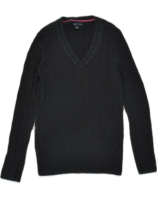 TOMMY HILFIGER Womens V-Neck Jumper Sweater UK 14 Large Black Cotton