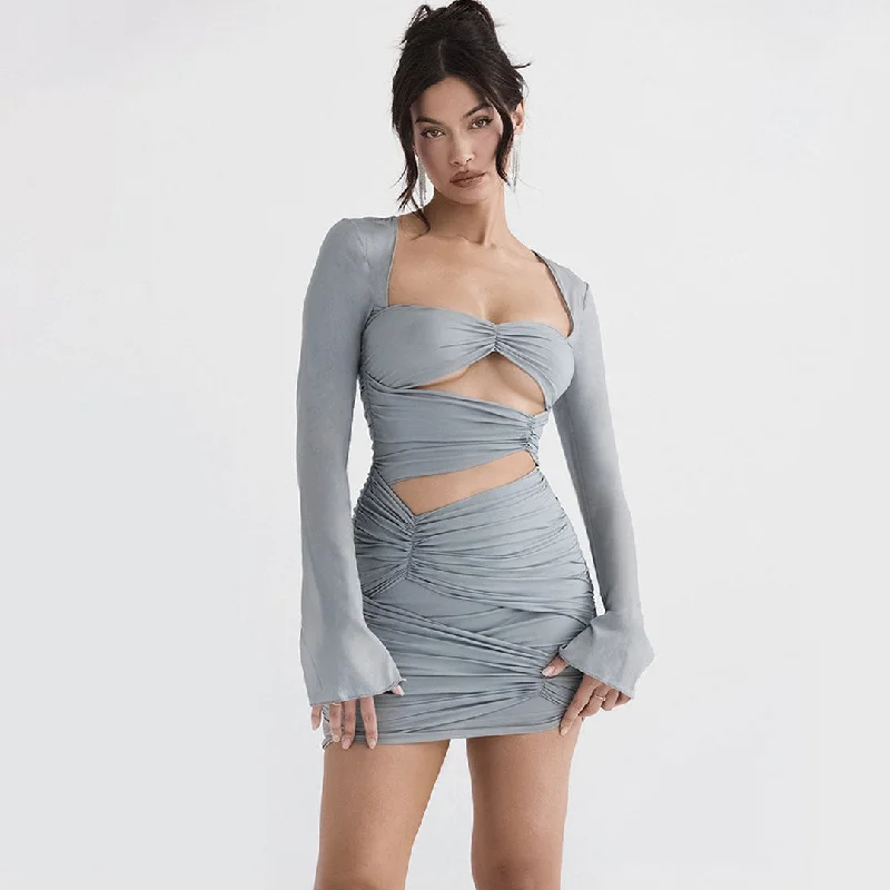 BerryBetty - Ruched Cut Out Wrap Trim Long Sleeve Bodycon Party Mini Dress - Gray