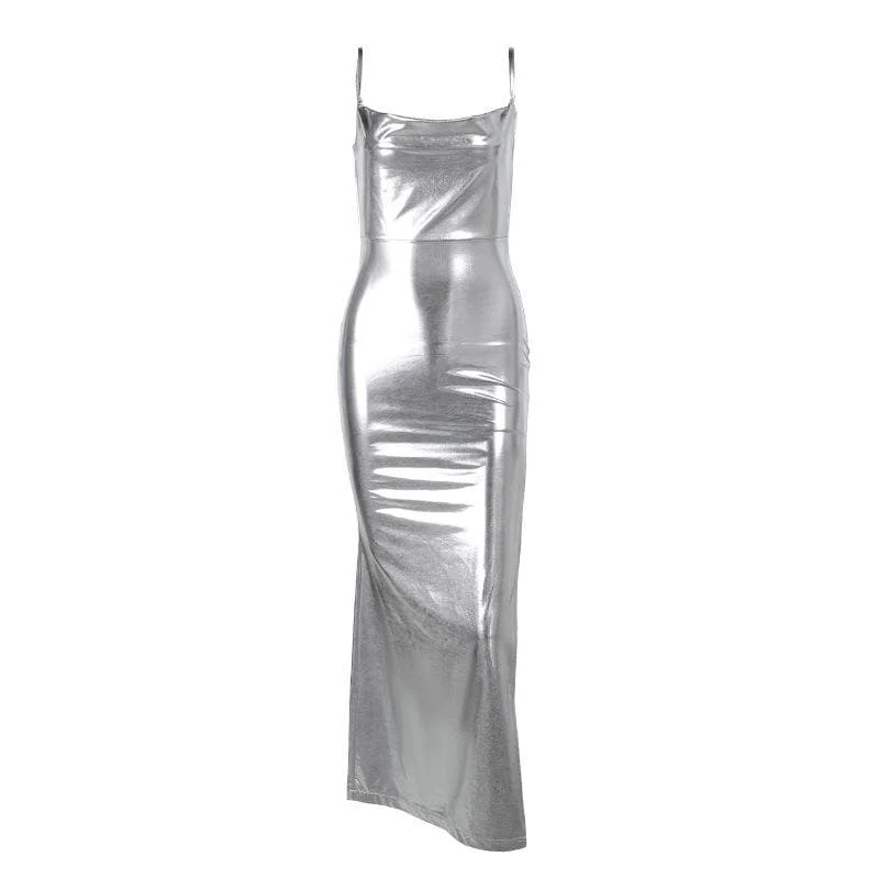 BerryBetty - Cowl neck slit backless metallic cami midi dress