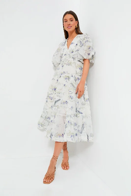 Blue Birds Pleated Midi Dress