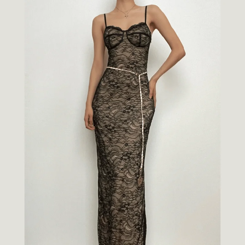 BerryBetty - Lace contrast zip-up backless slit cami maxi dress