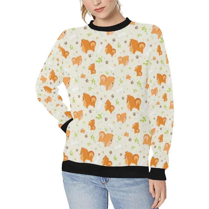 Cute brown pomeranian paw leave bone pattern Women's Crew Neck Sweatshirt