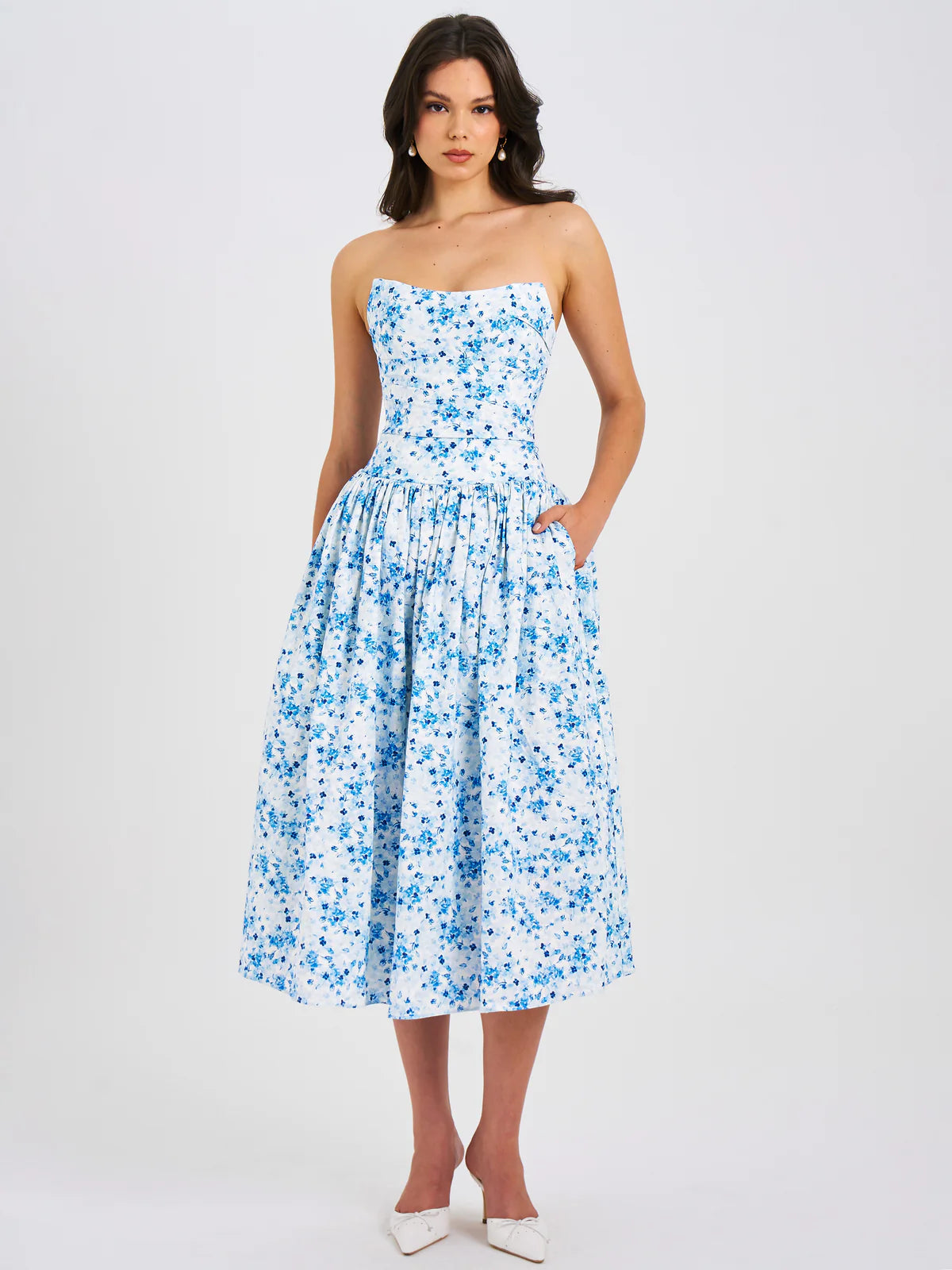 PALOMA BLUE PRINT LINEN CORSET DRAPING MIDI DRESS