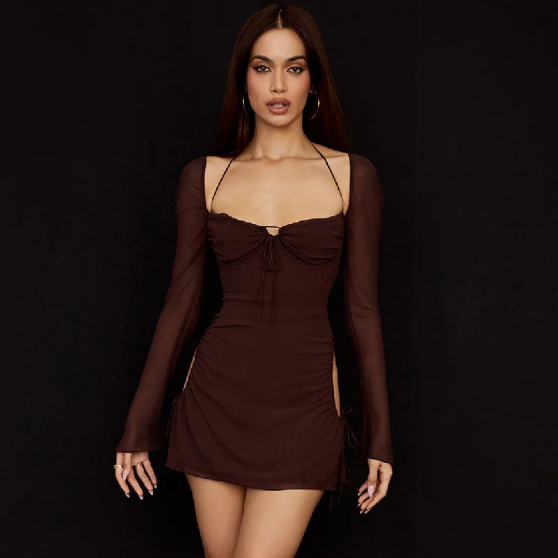 BerryBetty - Halter Tie Strap Ruched Cut Out Club Mini Dress - Chocolate