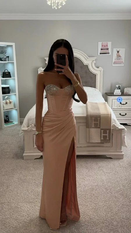 BLUSH SATIN CORSET SLIT GOWN